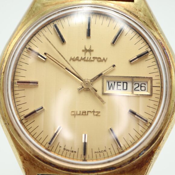 Vintage Hamilton Men Day Date Watch 37mm Gold Pin Stripe 14k Plated 707004 WORKS - Picture 2 of 16